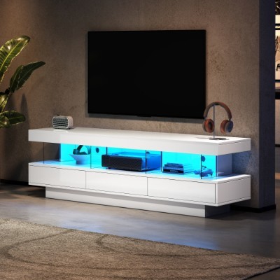 Mueble de TV de alto brillo con luces LED, 160 cm, 3 cajones, 3 espacios de almacenamiento abiertos, para dormitorio, sala de estar, muebles para el hogar. - Imagen 2