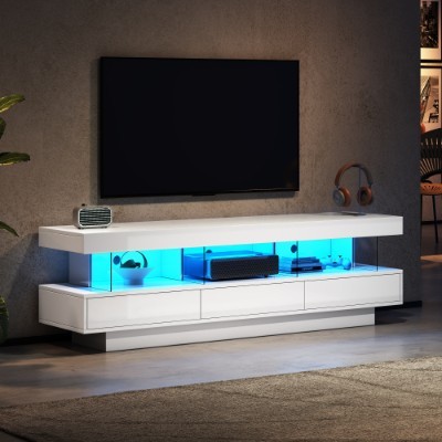 Mueble de TV de alto brillo con luces LED, 160 cm, 3 cajones, 3 espacios de almacenamiento abiertos, para dormitorio, sala de estar, muebles para el hogar.