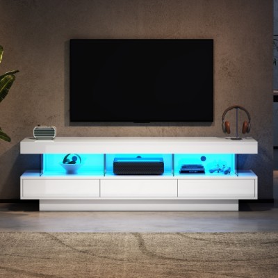 Mueble de TV de alto brillo con luces LED, 160 cm, 3 cajones, 3 espacios de almacenamiento abiertos, para dormitorio, sala de estar, muebles para el hogar. - Imagen 3
