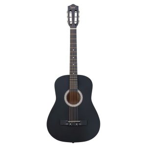 Guitarra acústica redonda de 38 pulgadas en negro mate con púas, cuerdas, cejilla, estuche, afinador y correa.