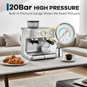 Máquina de Espresso de Acero Inoxidable de 20 Bares de Presión con Molinillo, Vaporizador de Leche para Latte/Cappuccino para Uso en el Hogar/Oficina