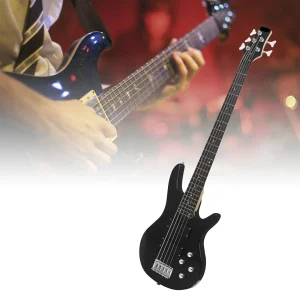 Bajo de 5 cuerdas listo para el escenario: pastillas duales con estabilidad atornillada, tensión de cuerdas mejorada y reducción de ruido para conciertos vivos
